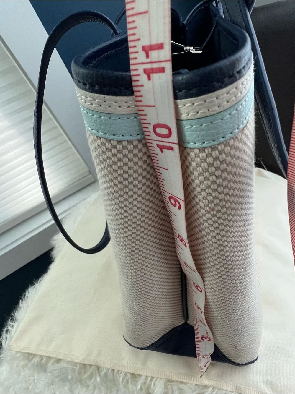 kate spade Cream Canvas Tote with Navy Handles and Aqua Trim